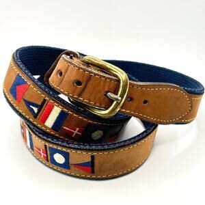 Vintage 90s Zeppelin Leather Tan Navy Nautical Embroidered Sailing Flag Belt